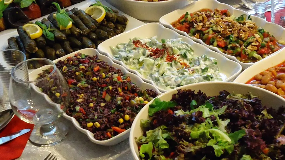 Table set with Turkish dishes for catering